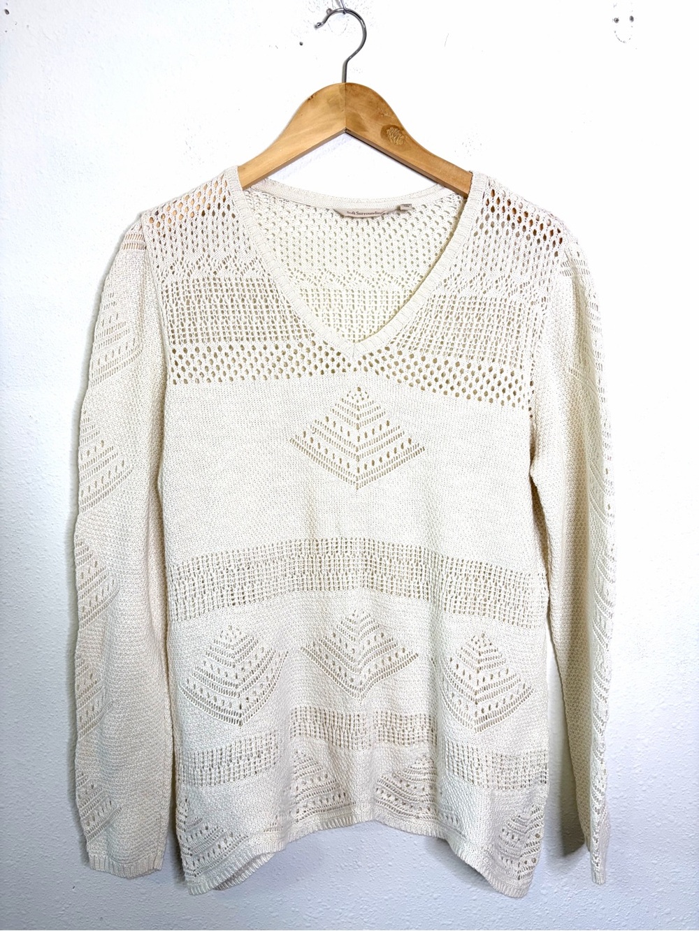 100% cotton crochet Soft Surroundings Cream V-Neck Open Knit Sweater L knit
